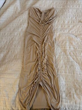 Ronny Kobo Collection Strapless Ruched Midi Dress in Taupe